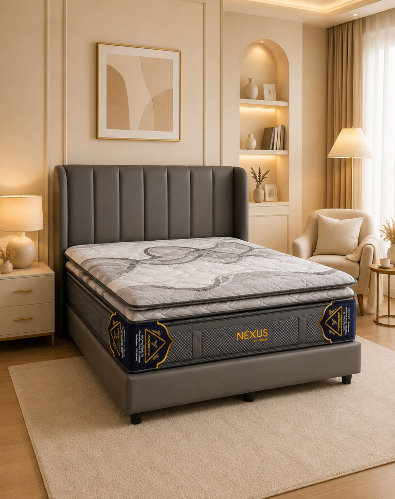 YONERA NEXUS – Springbed Premium Springbed YONERA NEXUS premium dengan pillow top di kamar tidur mewah bernuansa beige